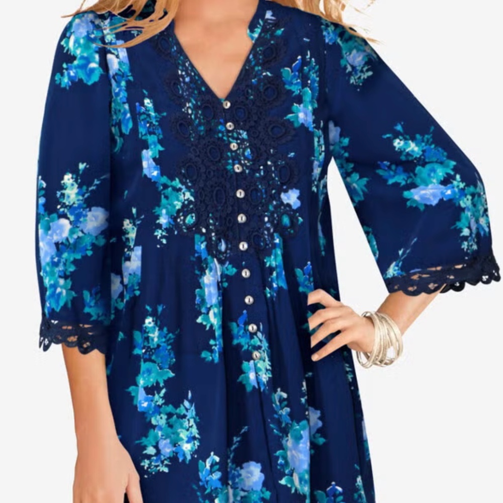 Roaman's Women's Plus Size Juliet Lace Big Shirt Size 24W Navy Bouquet